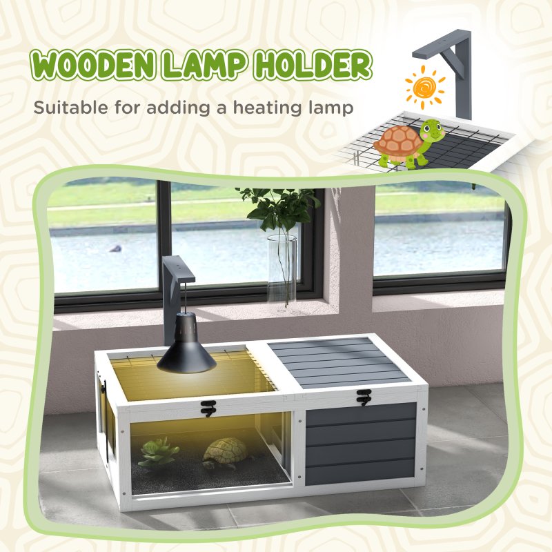 PawHut Tortoise House, Wooden Tortoise Table, Tortoise Enclosure with Wooden Lamp Holder, Openable Lids, Pull-Out Trays - Grey