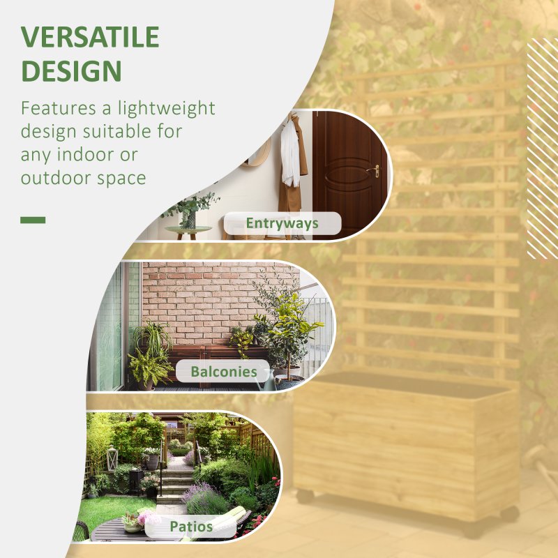 Outsunny Outdoor Wooden Planters with Trellis Free Standing Flower Raised Beds for Garden with 4 Wheels for Climbing Plants, 76 x 30 x 155cm, Natural