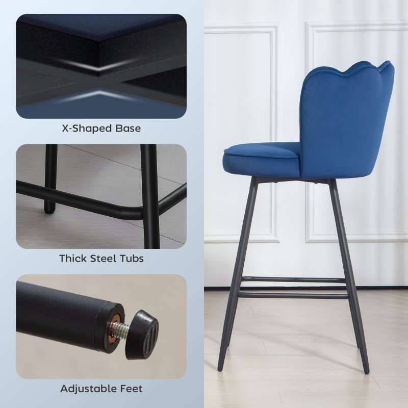 HOMCOM Bar Stools Set of 2, Modern Velvet-Feel Barstools with Petal Backrest and Footrest, Upholstered Breakfast Bar Chairs with Metal Legs for Kitchen Island Counter, Dining Room, Dark Blue
