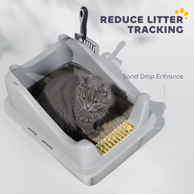 PawHut Cat Litter Tray Stainless Steel, Cat Litter Box High Sided with Metal Litter Scoop, Never Absorbs Odors, Anti Leakage & Easy to Clean, 43 x 33 x 25 cm, Grey