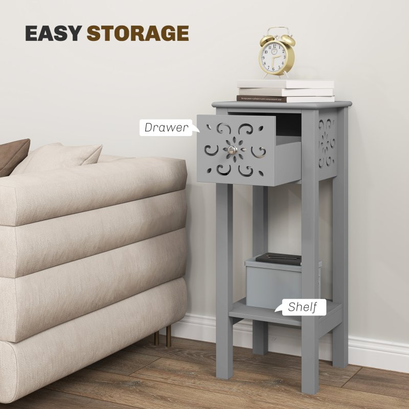 HOMCOM Side Table Set of 2, Bedside Table Set with Drawer and Storage Shelf, End Table Set with Elegant Flower-Shaped Design for Living Room Bedroom, Grey