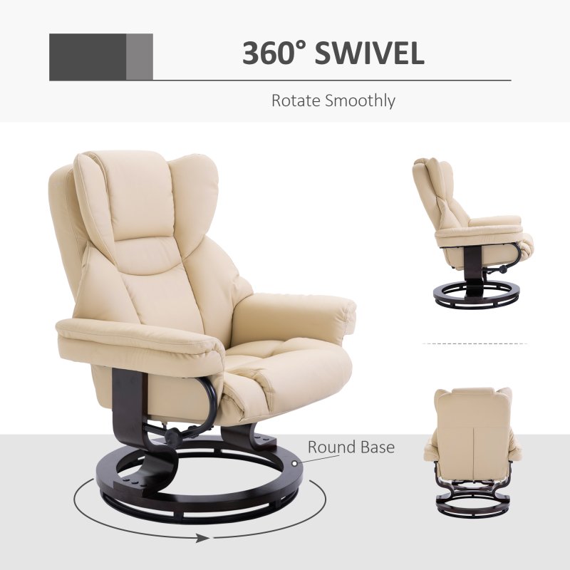 HOMCOM Faux Leather Recliner Chair and Footstool, Swivel Upholstered Armchair and Footstool with Adjustable Backrest, Solid Wood Base for Living Room, Cream