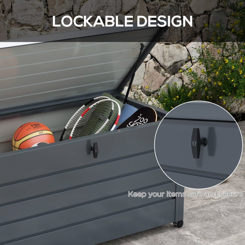 Outsunny 331 Litre Garden Storage Box, Waterproof Outdoor Storage Box with Wheels and Handles, Lockable Galvanised Steel Outside Deck Box Organiser for Tools, Cushions, Dark Grey