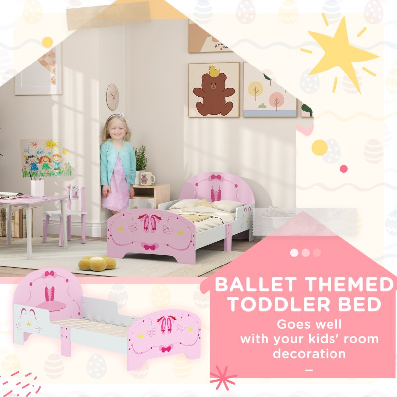 AIYAPLAY Toddler Bed Frame, Kids Bed with Safety Rails, Ballet Theme Kids Bedroom Furniture, for 3-6 Years, Pink