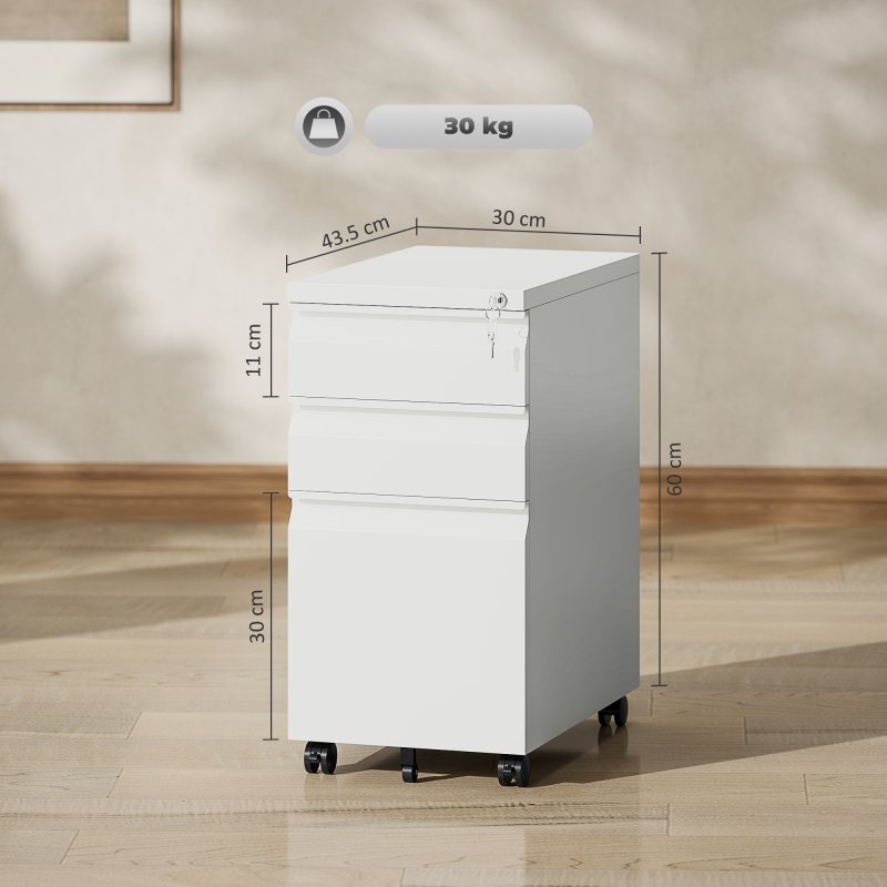 Vinsetto 3-Drawer Filing Cabinet with Lock, Mobile Steel File Cabinet for A4, Legal and Letter Size, Under Desk Drawers with Pre-Assembled Body for Home Office, 30 x 43.5 x 60 cm, White