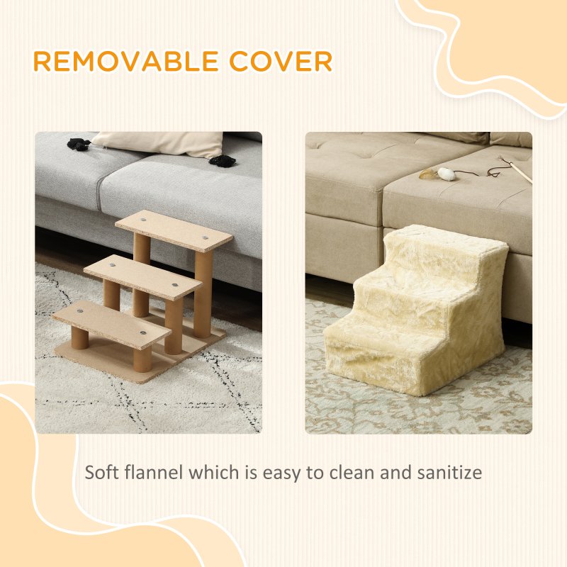 PawHut Dog Steps for Sofa, 3 Steps Dog Stairs, Pet Stairs, with Washable Plush Cover, for Small Breeds, Cats - Beige