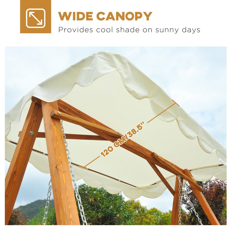 Outsunny 3 Seater Garden Swing Seat with Canopy, Wooden Swing Chair, Outdoor Hammock Bench for Balcony Patio Porch, Cream White