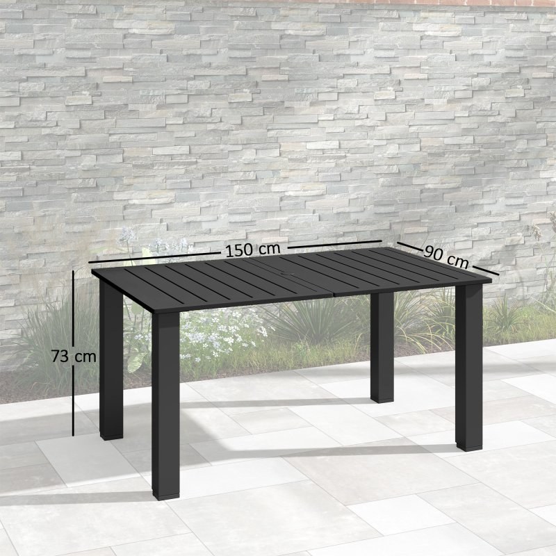 Outsunny Garden Table with Parasol Hole for 6 Person, Rectangle Outdoor Dining Table with Slatted Metal Tabletop, Steel Frame for Patio, Balcony, 150 x 90 x 73 cm, Black