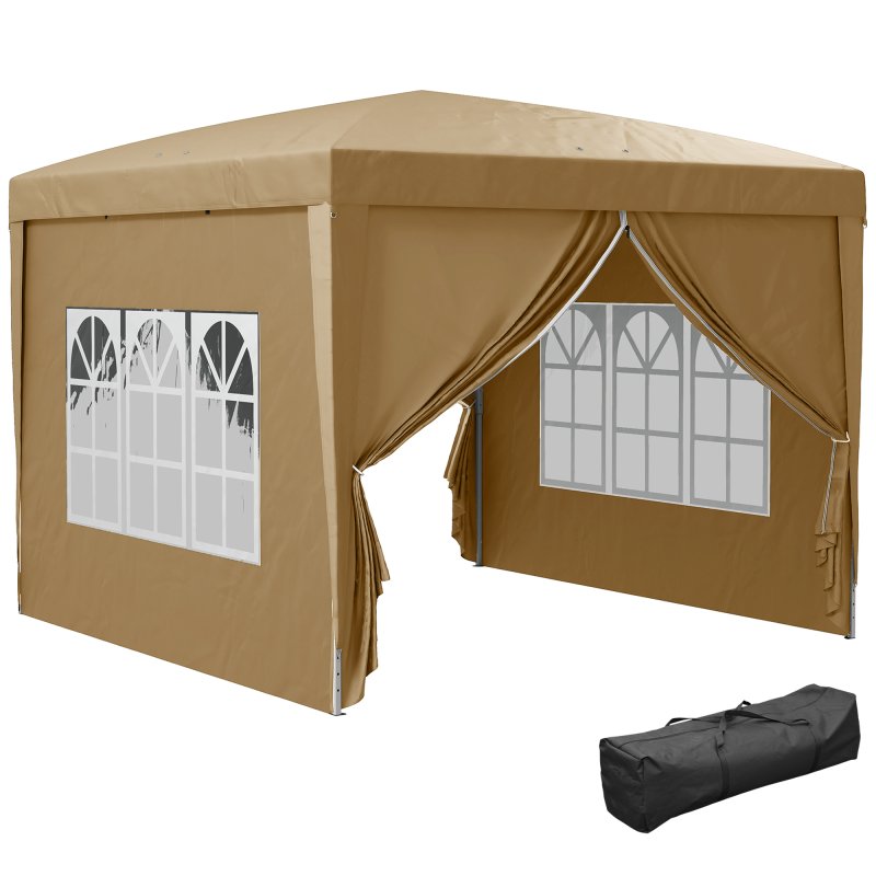 Outsunny 3 x 3 Meters Pop Up Water Resistant Gazebo Wedding Camping Party Tent Canopy Marquee with Carry Bag and 2 Windows, Khaki