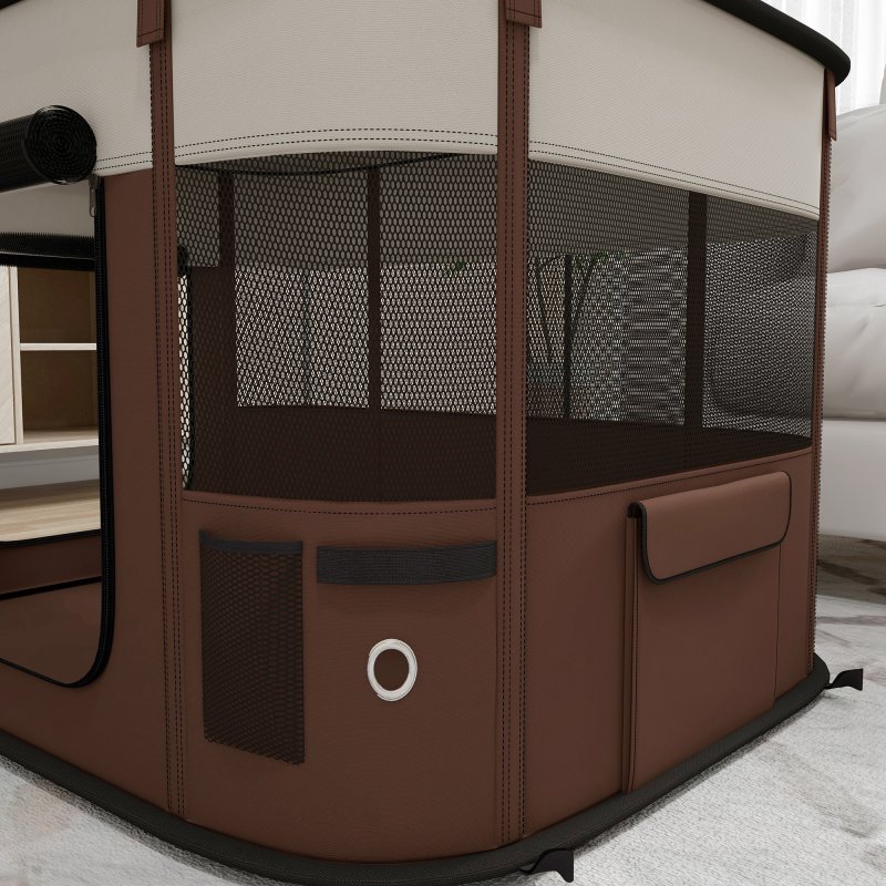 PawHut Dog Pen, Pet Playpen, Portable Foldable Dog Cat Playpen Soft Pet Cage with Storage Bag for Puppies, Rabbits, Kittens, Guinea Pigs, 94 x 74 x 60cm - Brown