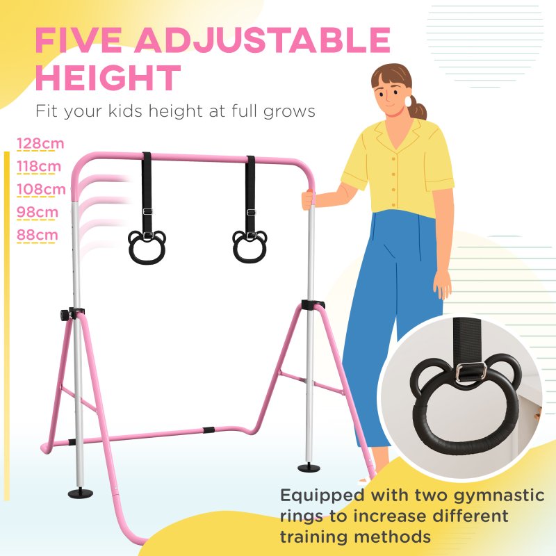 HOMCOM Kids Gymnastics Bar, Horizontal Bar for Kids, Adjustable Height Folding Gymnastics Equipment with Gymnastic Rings, Non-slip Rubber Floor Rings, for Home, Flat, Pink