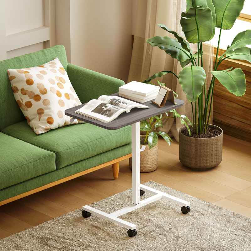 HOMCOM Height Adjustable Standing Desk, Pneumatic Sit Stand Desk for Laptop, Mobile Overbed Table with Wheels and Headphone Hook for Home Office