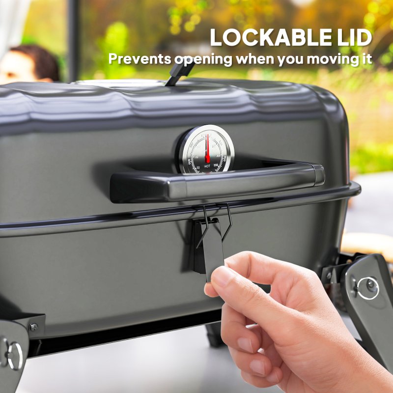 Outsunny Charcoal Barbecue Grill Folding BBQ Grill with 1232 cm? Cooking Area, Adjustable Vent, Thermometer, Handles for Camping Picnic, Black