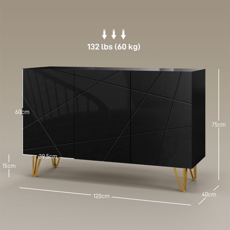 HOMCOM Storage Cabinet with High Gloss, Freestanding Sideboard with Adjustable Shelves, Soft-Close Doors and Gold Tone Hairpin Legs for Living Room, Dining Room, Hallway, Black