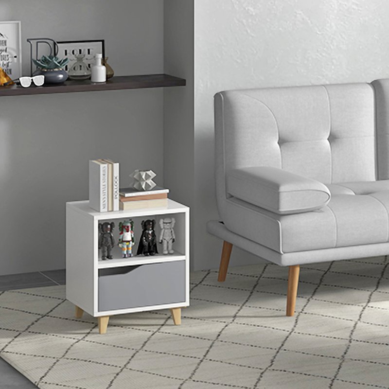 HOMCOM Bedside Table Nightstand with Drawer and Shelf, Side End Table with Wood Legs for Bedroom, White and Grey