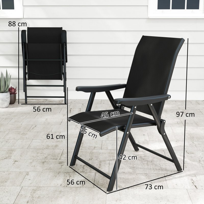 Outsunny Set of 2 Folding Chair, Garden Chair Set with Breathable Mesh Back and Seat, Outdoor Camping Chairs with Armrests, Steel Frame for Deck Balcony, Black