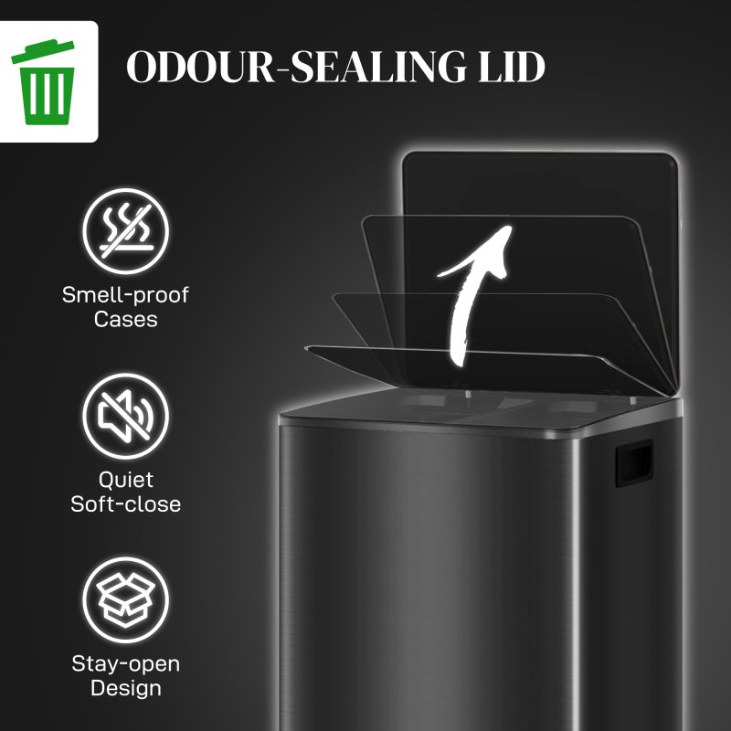 HOMCOM Dual Kitchen Bin, 2 x 30L Stainless Steel Double Pedal Bin with Soft-Close Lid, Removable Inner Buckets and Handles for Recycling and Waste