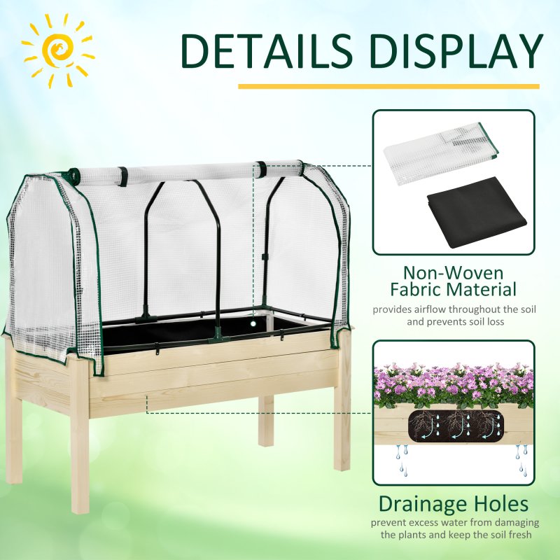 Outsunny Raised Garden Bed with PE Greenhouse Cover, Outdoor Elevated Wood Planter Box for Herbs and Vegetables, Use for Patio, Garden, Balcony, 121 x 55 x 117cm, Nature Wood Finish