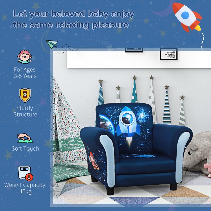 HOMCOM Kids Armchair Toddler Chair Space Rocket Wood Frame Thick Padding High Back Armrest Anti Slip Feet Blue for 3-5 Yrs