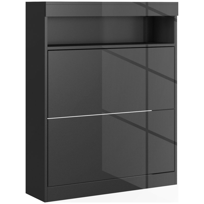 HOMCOM Narrow Shoe Cabinet, Wall Mounted or Freestanding Shoe Storage Cabinet with 2 Flip Drawers and Open Shelf for 12-16 Pairs of Shoes for Entryway, High Gloss