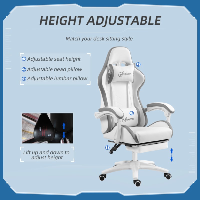 Vinsetto Computer Gaming Chair, PU Leather Office Desk Chair with Footrest, Swivel Wheels, 135?? Reclining Back, Lumbar Support, Headrest for Home, White and Grey