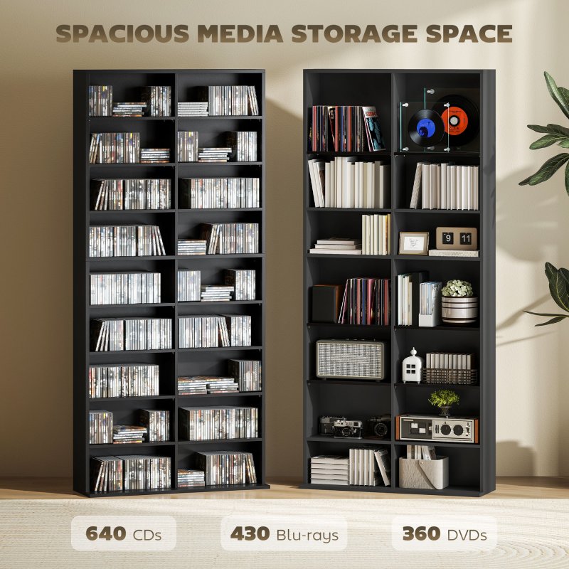 HOMCOM 640 CD/360 DVD Storage Unit, Blu-ray Media Storage Shelf with 18 Compartments and 14 Adjustable Shelves, CD Tower for Living Room, Bedroom, Office