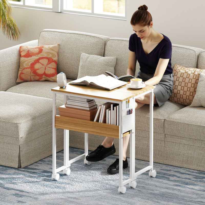 HOMCOM Folding Desk with Storage Shelf and Bag, 63 cm Foldable Computer Desk for Small Spaces, Space Saving Writing Table on Wheels for Home Office, Bedroom, Easy Assembly, Natural Wood Finish