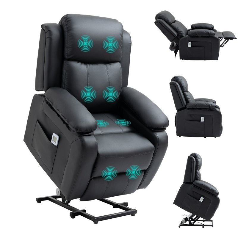 HOMCOM Riser and Recliner Chair with Massage, Power Lift Recliner Chair for Elderly with Remote Control, Extended Footrest, Dual Side Pockets, Overstuffed Electric Reclining Armchair, Black