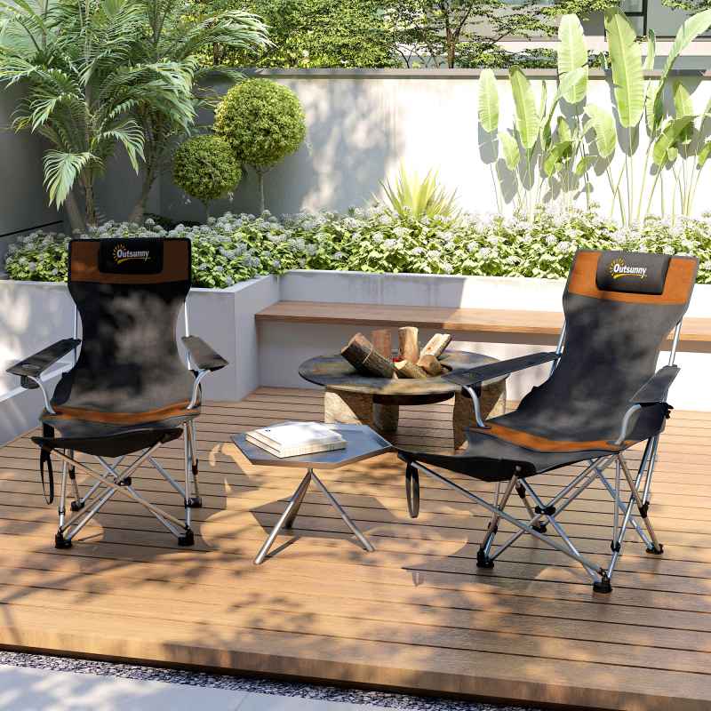 Outsunny Set of 2 Reclining Folding Camping Chair w/ Detachable Footrest, Storage Bag, Cup Holder & Headrest, Lightweight Portable Camp Chair for Beach, Picnic, Orange and Black