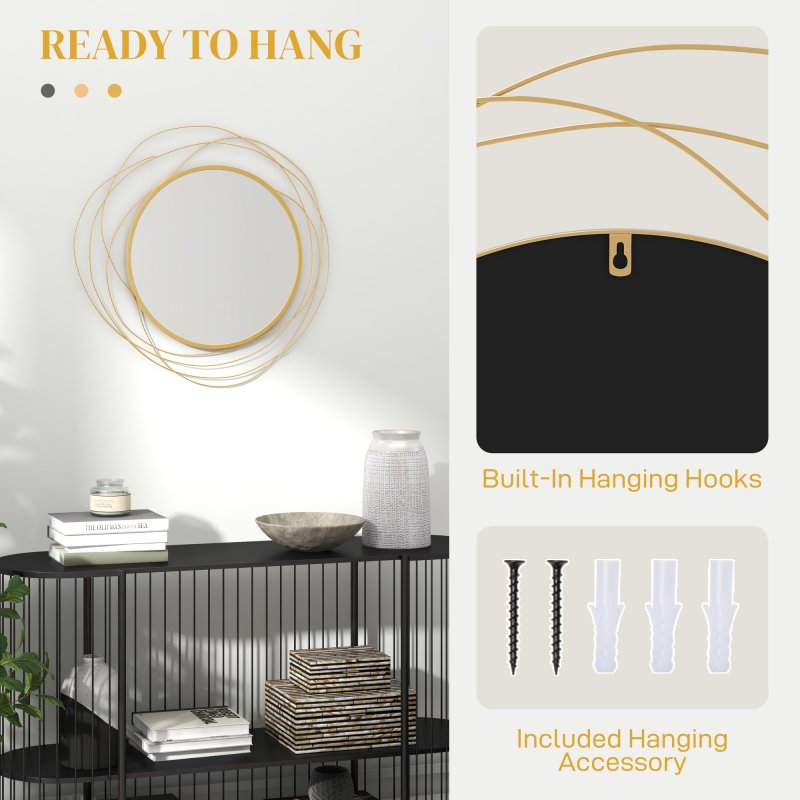 HOMCOM Metal Wall Art 65cm Modern Decorative Mirror Decor Hanging Home Wall Sculptures for Living Room Bedroom Dining Room, Gold