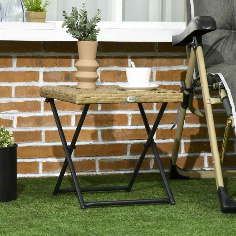 Outsunny Folding Rattan Garden Coffee Table, Small Square Outdoor Bistro Side Table with Rattan Top for Patio, Balcony, Porch, 40 x 40 x 40 cm, Natural