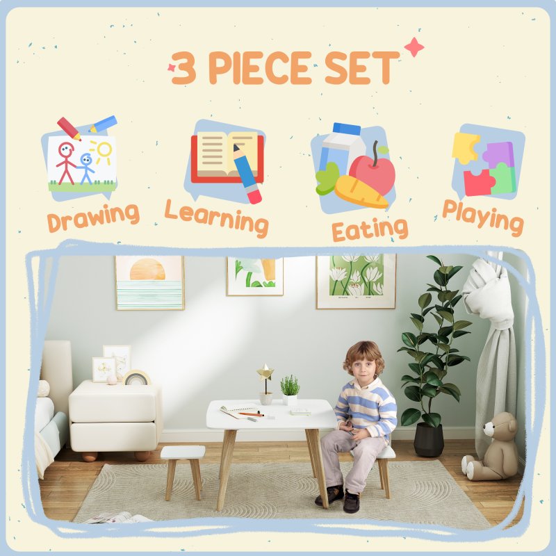 AIYAPLAY Kids Table and Chair Set, 3-Piece Toddler Furniture Set, Activity Play Table Chair Set for Playroom, Bedroom, Nursery, Classroom, for Ages 3-8 Years, White