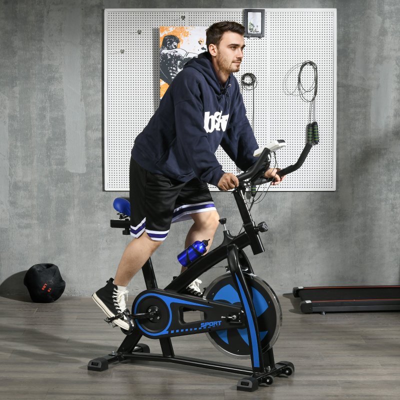 SPORTNOW Indoor Exercise Bike, Stationary Bike, Cycling Machine with Adjustable Seat and Resistance, Heart Rate Sensor, for Home Gym Workout, 8kg Flywheel, Blue
