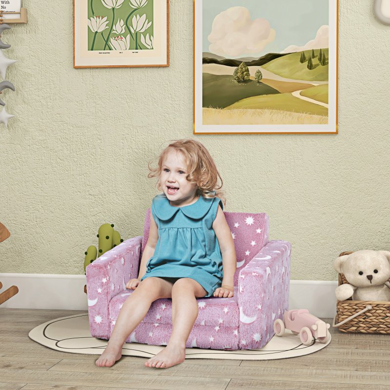 AIYAPLAY Kids Sofa Bed, 2 in 1 Kids Folding Bed Toddler Armchair with Glow in The Dark Stars Design, Washable Cushion and Cover, Convertible Kid Chair to Lounger for 1.5-3 Years Old, 1 Seater, Pink