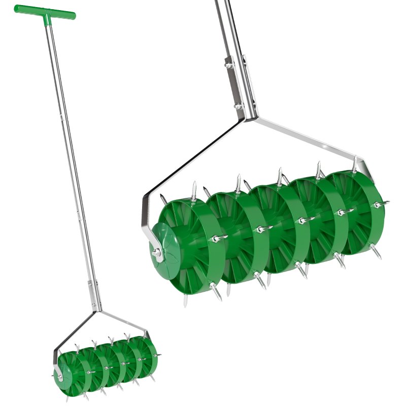 Outsunny Rolling Lawn Aerator, Manual Grass Spike Roller, Heavy Duty Garden Aerator with 3 Piece Detachable Handle and T-bar Grip, Outdoor Garden Lawn Tool, Dark Green