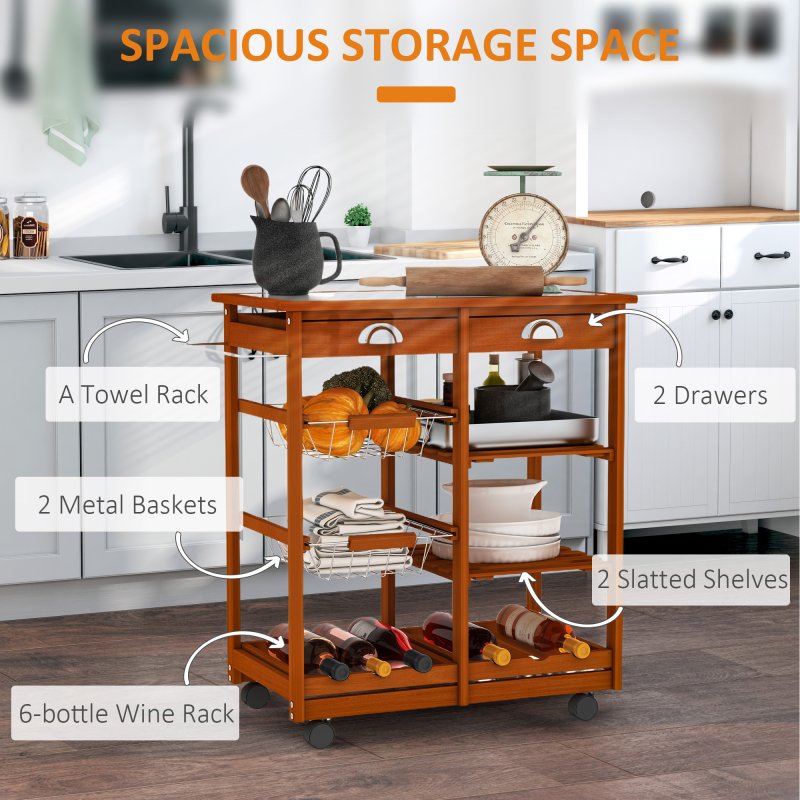 HOMCOM Rolling Kitchen Island Trolley Cart Drawer Shelves Basket Wheels W/  6 Bottle Wine Rack, Honey Colour