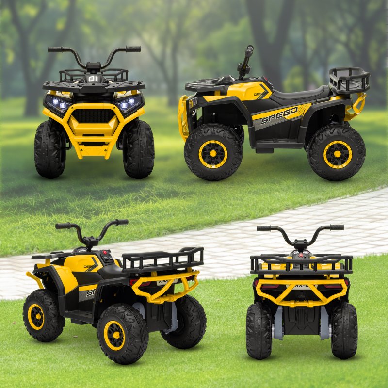 AIYAPLAY 12V Kids Electric Ride on ATV, Battery Powered Quad Bike with 4 Suspension Wheels, Forward Reverse Function, Headlights, Music, Storage Basket, for Ages 3-5 Years, Yellow