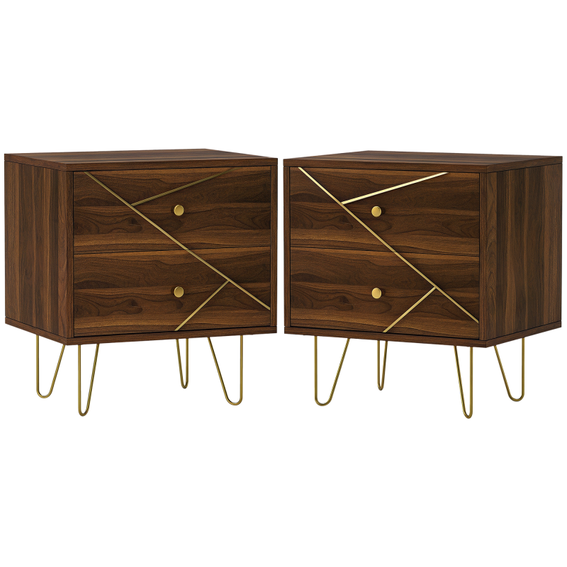 HOMCOM Bedside Tables Set of 2, Modern Side Table Set with 2 Drawers and Steel Hairpin Legs, Nightstand for Bedroom, Brown Wood Grain