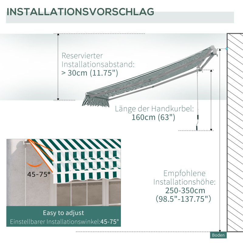 Outsunny 3m x 2.5m Garden Patio Manual Awning Canopy Sun Shade Shelter with Winding Handle Retractable Green and White