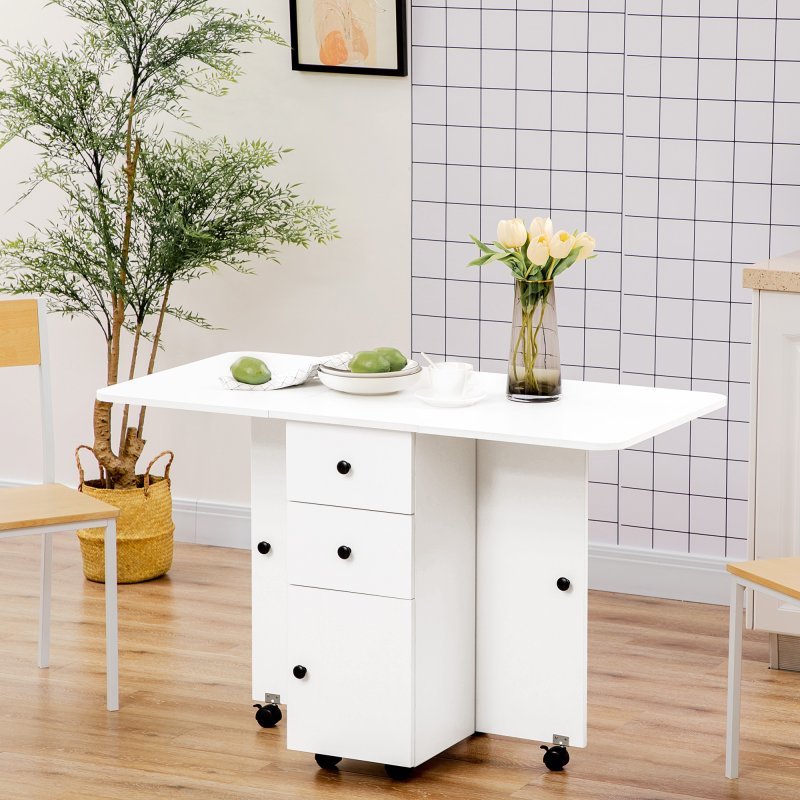 HOMCOM Folding Dining Table for 4-6, Rolling Drop Leaf Table on Wheels with Storage Drawers, Cabinet and Open Shelf for Kitchen, Dining Room
