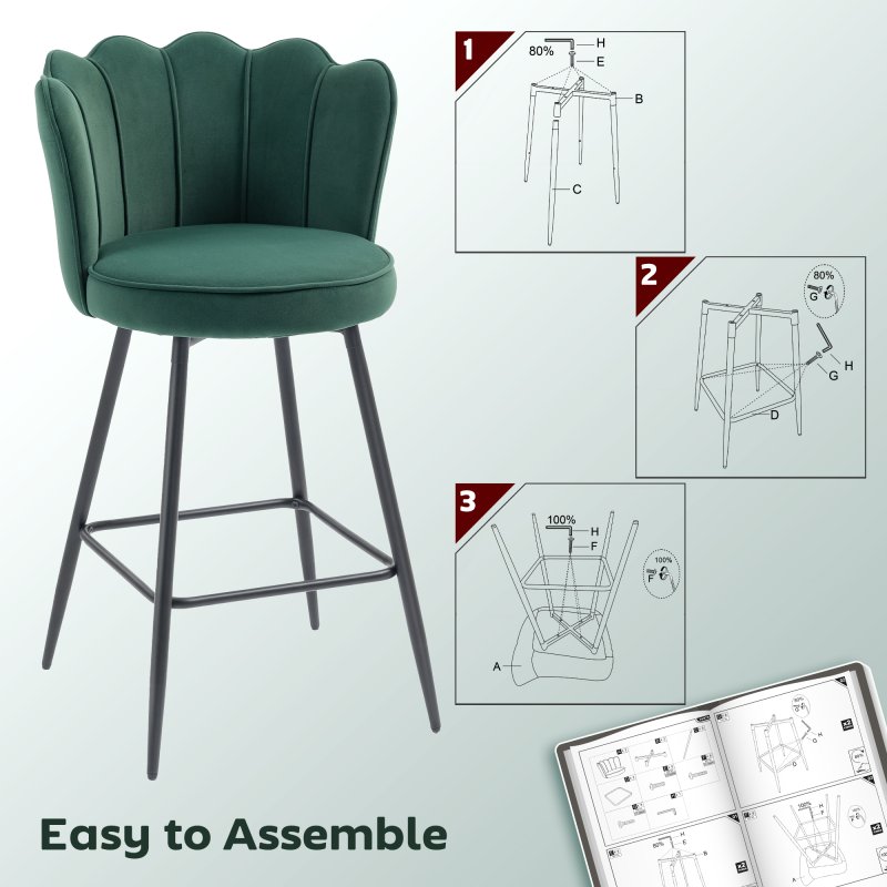 HOMCOM Bar Stools Set of 2, Modern Velvet-Feel Barstools with Petal Backrest and Footrest, Upholstered Breakfast Bar Chairs with Metal Legs for Kitchen Island Counter, Dining Room, Dark Green