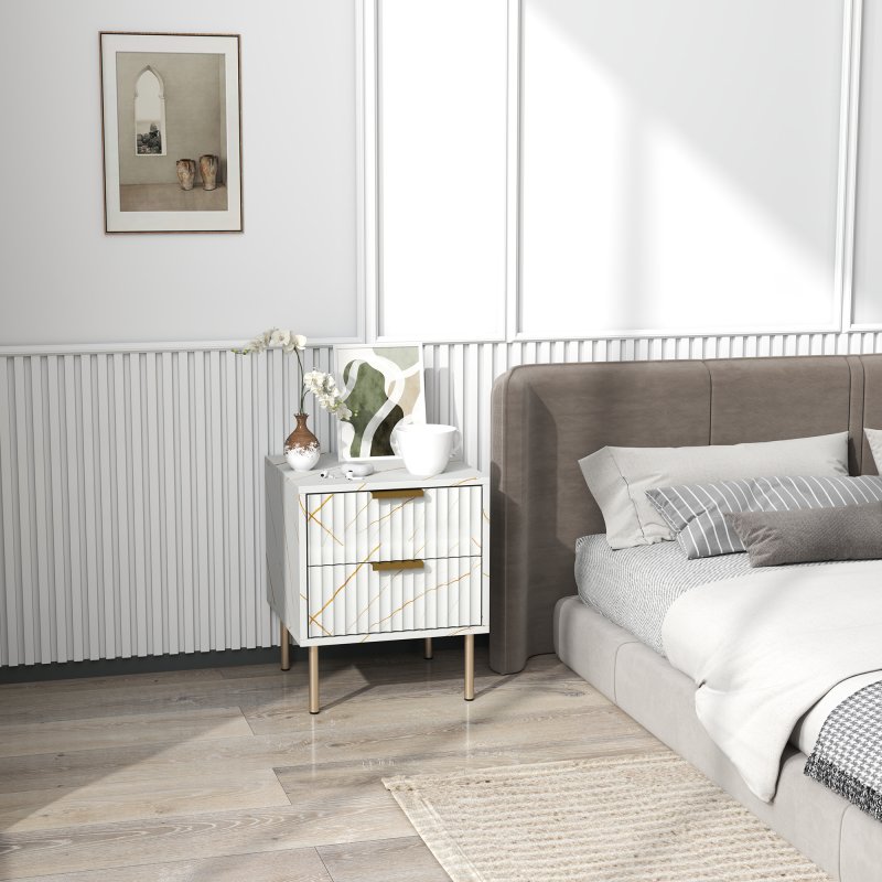 HOMCOM Marble Pattern Bedside Table, Fluted Bedside Cabinet with 2 Drawers, Side End Table with Steel Legs for Bedroom, White