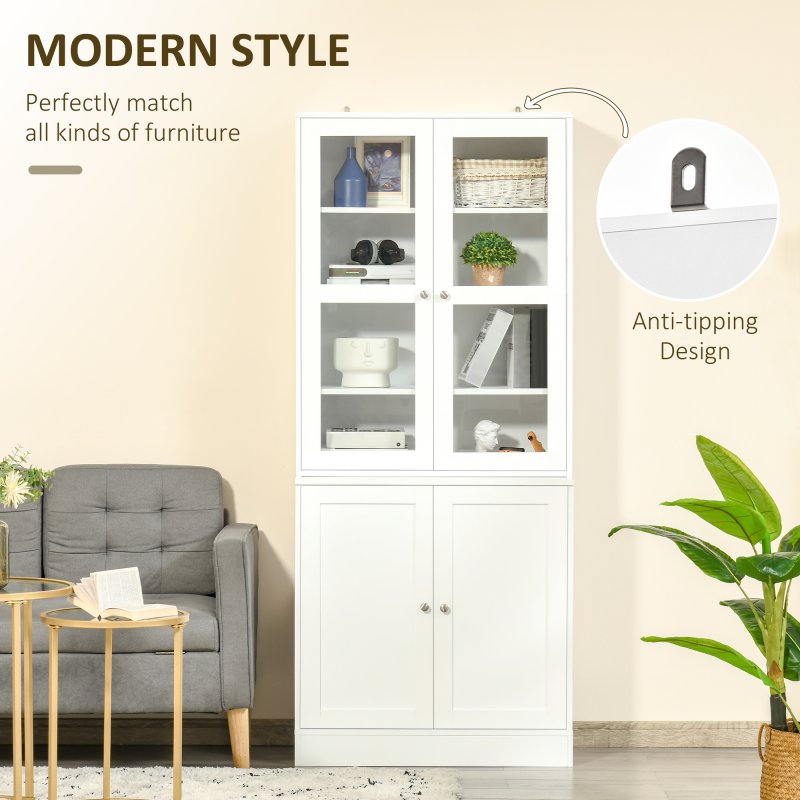 HOMCOM Modern Bookcase with Glass Doors, Display Storage Cabinet with Adjustable Shelves for Living Room, Study, Office
