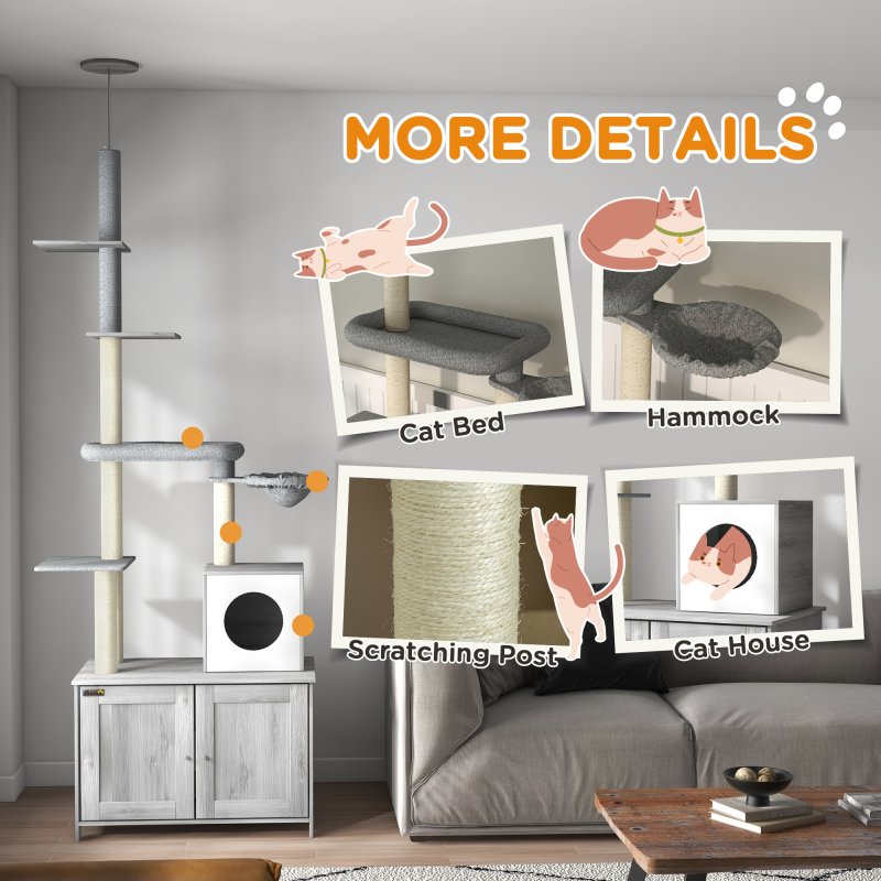 PawHut Cat Tree with Hidden Litter Box, 2-in-1 Floor-to-Ceiling Cat Litter Box Furniture with Cat House, Bed, Hammock, Scratching Posts and Platforms for Indoor Use - Grey