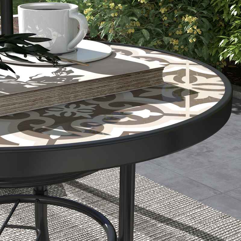 Outsunny 60 cm Garden Round Coffee Table,  Outdoor Side Table with Tempered Glass Printed Table Top and Foot Pads for Porch, Balcony, Tan Brown