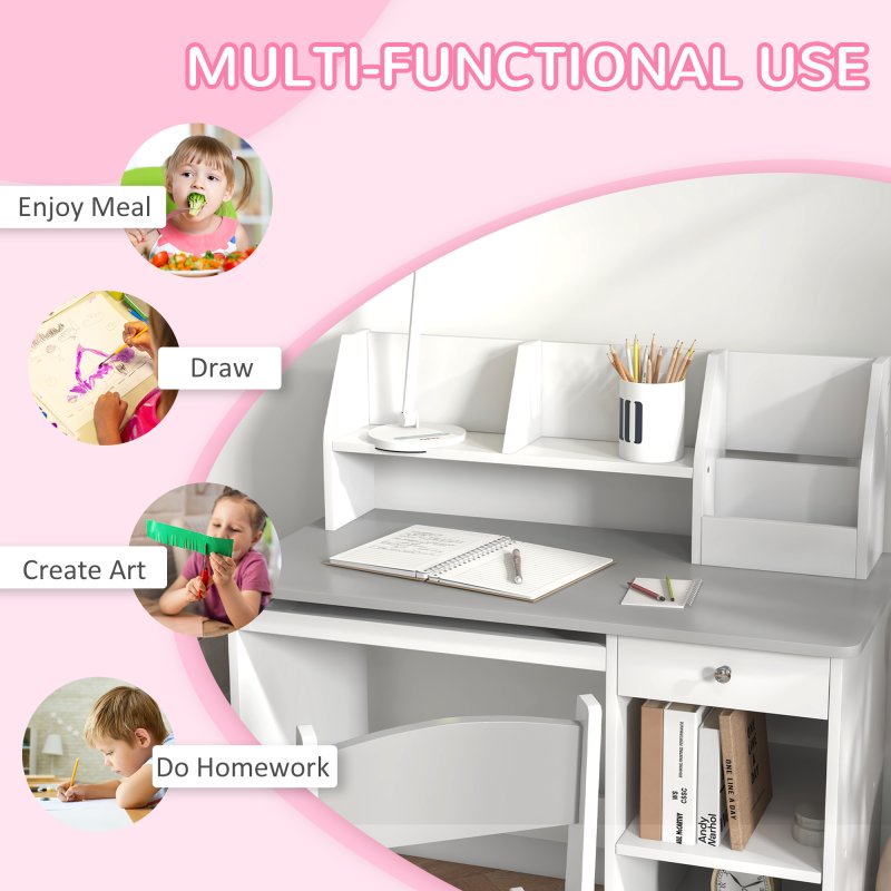 ZONEKIZ Kids Desk and Chair Set with Storage, for Ages 5-8 Years, 2 Piece Children Table and Chair Set with Keyboard Drawer, Grey