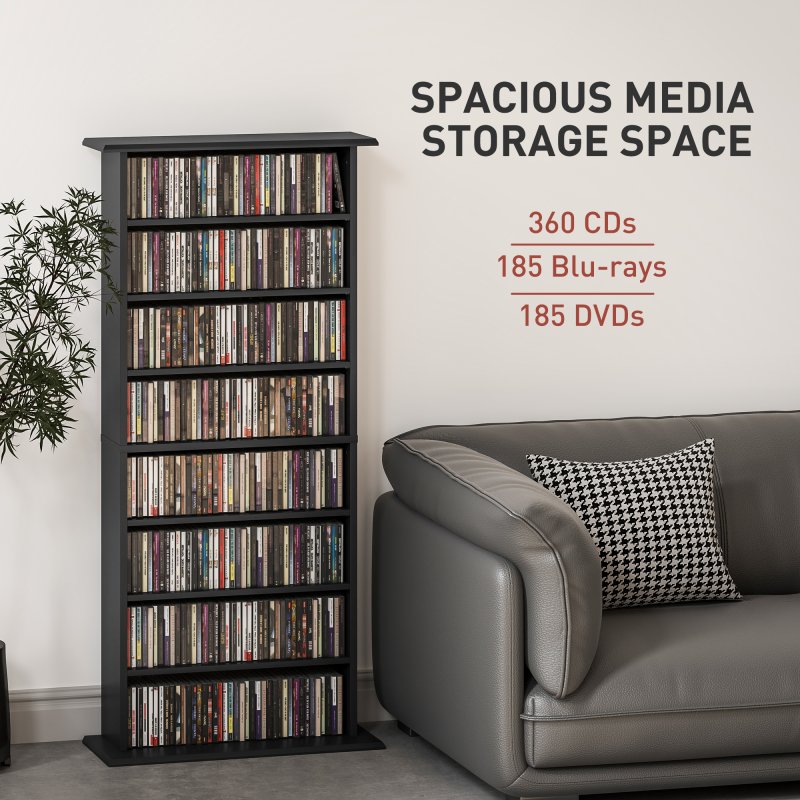 HOMCOM 360 CD/185 DVD Storage Unit, 185 Blu-ray Media Storage Shelf with 8 Compartments and 6 Adjustable Shelves, CD Tower for Living Room, Bedroom, Office