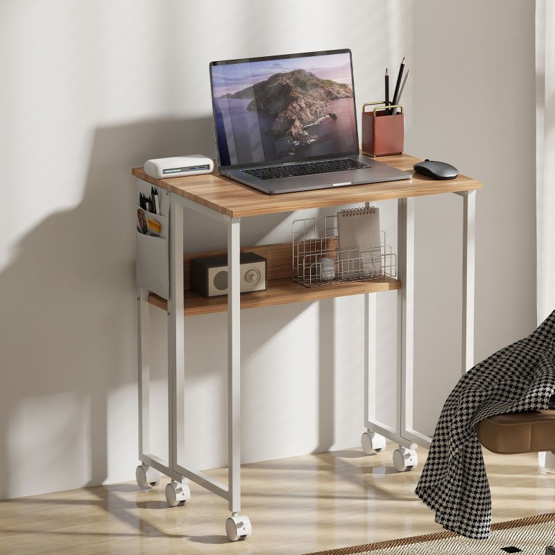 HOMCOM Folding Desk with Storage Shelf and Bag, 63 cm Foldable Computer Desk for Small Spaces, Space Saving Writing Table on Wheels for Home Office, Bedroom, Easy Assembly, Natural Wood Finish