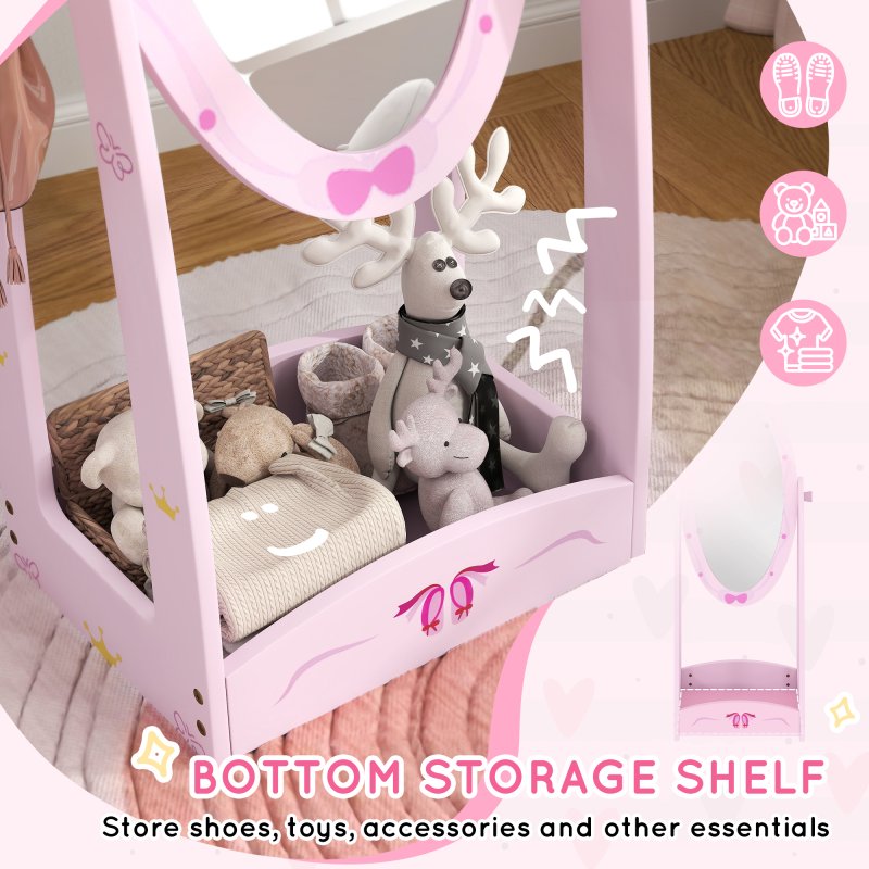 AIYAPLAY Kids Mirror Full Length with Storage Shelf, 360?? Rotating Standing Mirror for Bedroom, Kids Room, Nursery Room, Pink