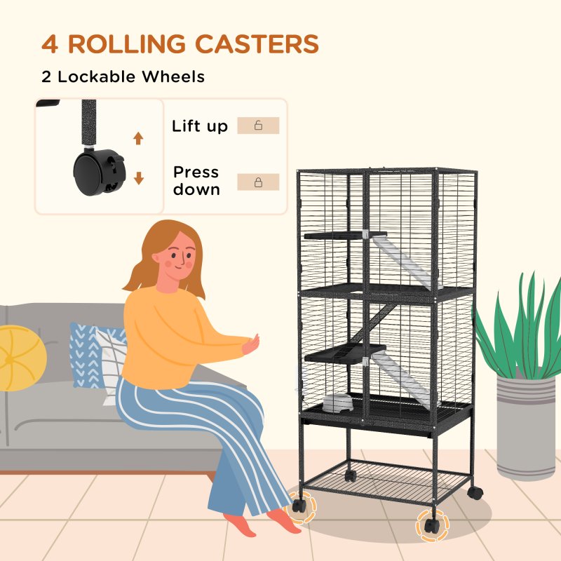 PawHut Ferret Cage Rolling Small Animal Cage 4 Levels Pet Cage 136cm Height for Chinchillas, Squirrels with 3 Doors, Storage Shelf, Tray, Bowl, Water Bottle, Ramps - Charcoal Grey